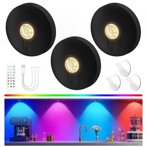 Rechargeable Puck Lights with Remote, 3 Pack Magnetic Under Cabinet Lighting, 1500mAh Battery Operated LED Tap Lights with Dimmer & Timmer for Kitchen, Closet, Shelf - 3 Color Temps & 12 RGB, Black - color: Black