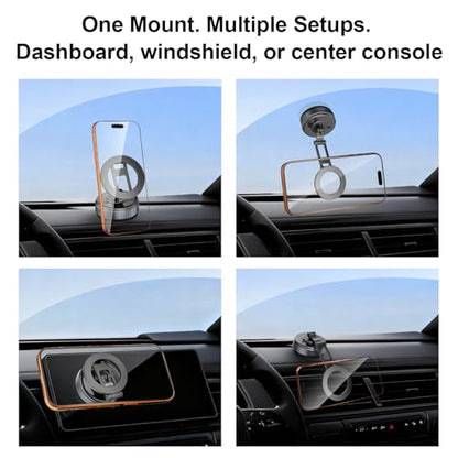 Compatible MagSafe Car Mount - GEATEE Vacuum Magnetic Phone Holder for Car, 360° Adjustable Foldable Car Dash Mount, Reinforced 110+LBS Suction Phone Mount for iPhone 17/16/15/14/13/12&Android, Carbon
