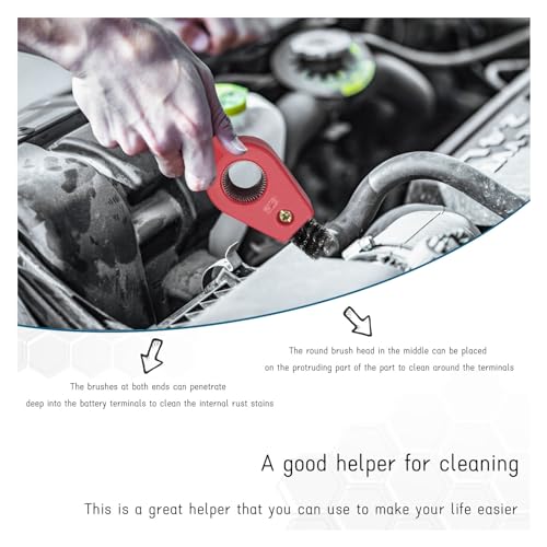 Dickno 2 PCS Car Battery Terminal Cleaning Brush, 4 in 1 Anti-Rust Auto Battery Cleaner with Steel Wire, Universal Vehicle Battery Terminals Machine Parts Cleaning Tool Accessories (Red) - color: Red, size: 2 PCS