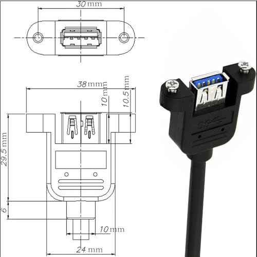 Panel- Mount USB 3.0 Extension Cable, Haokiang 1 ft/30cm 90 Degree Right Angle USB 3.0 Type A Male to Type A Female with Screw Hole Panel Mount Adapter External Cable (Right Angle)
