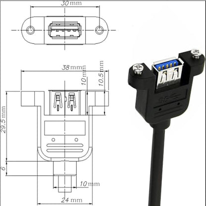 Panel- Mount USB 3.0 Extension Cable, Haokiang 1 ft/30cm 90 Degree Right Angle USB 3.0 Type A Male to Type A Female with Screw Hole Panel Mount Adapter External Cable (Right Angle)