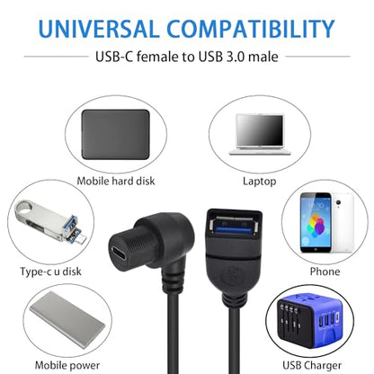 Duttek USB 3.0 to Type C Waterproof Extension Cable, Flush Mount, 1FT/30CM, for Car, Boat, Motorcycle - style: 90 Degree USB C Female to USB Female