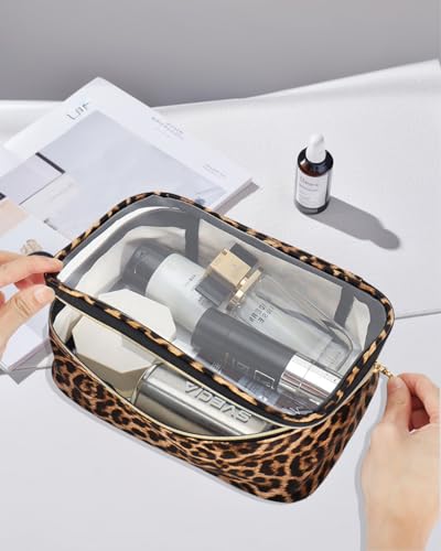 Clear Makeup Bag Set, TSA Approved Clear Toiletry Bag 3 Pack Carry on Travel Packing Organizer Bags Waterproof Clear Makeup Pouch Cosmetic Case with Zipper Car Accessories Essentials for Women - color: 3Pcs Leopard-M