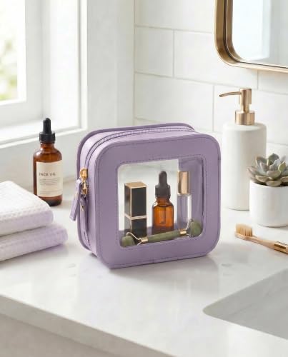 LETGO Mini Clear Makeup Bag - Cute Square Cosmetic Pouch for Travel Essentials with Zipper - For Women & Girls (Square, Purple) - color: Purple, style: Square