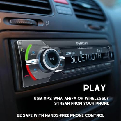 Philips Car Stereo Bluetooth Audio Receiver, Sleek Single Din Car Stereo with AM/FM Radio, USB, AUX-in and Built-in Microphone for Hands-Free Calling and Music Streaming, Powerful Sound - color: BLACK