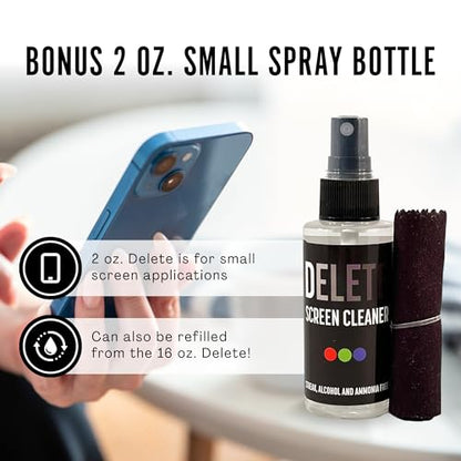 Delete Screen Cleaner Spray Kit, 2 Pack, 2oz Bottle and 2x 6"x6" Microfiber Cleaning Cloth, Streak-Free, Safe and Gentle Formula, Multi-Purpose for Travel, Small TVs, Cameras, Laptops, Phones - style: 2 Pack, 2oz