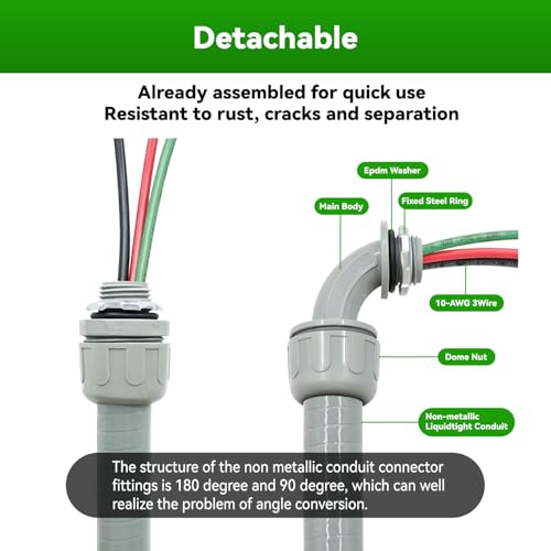 Power Whip Assembly Kit -1/2" x 6ft Non-Metallic Liquid Tight with 10 Gauge Wire Electrical AC Whip Kit Flexible Electrical Conduit & straight/90°Fittings