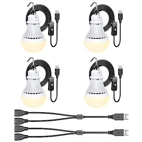 4 Pack USB Light Bulb, USB LED Camping Light Lantern, 8.2 ft Extra Length Cord Tent Light with USB Y-Cable, Portable LED Bulb for Garage Warehouse Car Truck Fishing Boat Room Emergency Light, Warm - style: Warmwhite-4pcs