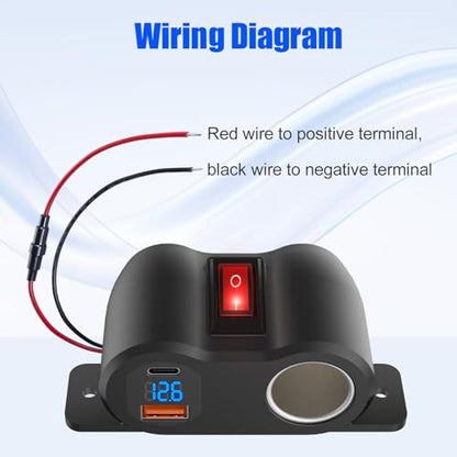 2-in-1 Surface Mount 12V USB Outlet Cigarette Lighter Socket, PD 30W and QC18W Car USB Port Car Charger with Button Switch LED Voltmeter and 120W Socket, Suitable for Cars, Boats, RVs and ATVs