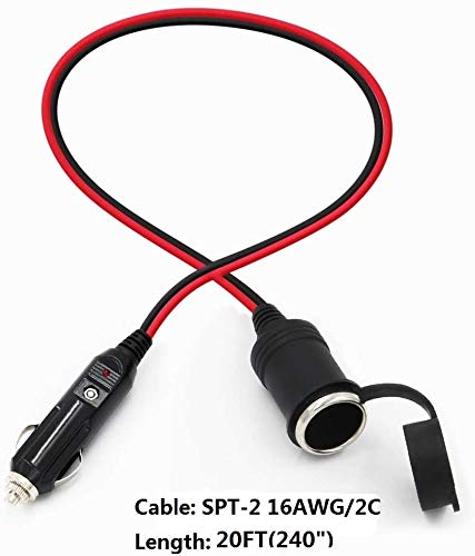 SPARKING 20FT Cigarette Lighter Extension Cord 20FT - Male Plug to Female Socket 16AWG Heavy Duty Extension Cable with LED Lights Power for Tire Pump, Air Compressor - size: 20FT