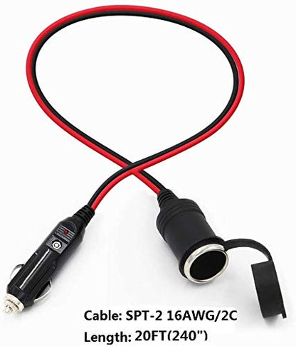 SPARKING 20FT Cigarette Lighter Extension Cord 20FT - Male Plug to Female Socket 16AWG Heavy Duty Extension Cable with LED Lights Power for Tire Pump, Air Compressor - size: 20FT