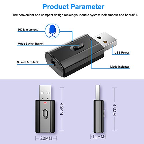 Bluetooth Car Adapter, Mini Bluetooth 5.0 Stereo Transmitter Receiver, Wireless 3.5mm Aux Jack Hands-Free Calls Kit Audio Adapter Built-in Mic for Car Speaker, Home Stereo, Headphones, PC,TV More