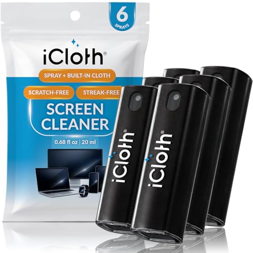 6X iCloth 2-in-1 Screen Cleaner Spray & Microfiber Cloth for Laptops, Tablets, Phones, Car Screens & Touchscreens, Streak-Free & Anti-Smudge, Large 0.68 fl oz (20ml) Bottles for Family Use