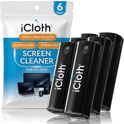 6X iCloth 2-in-1 Screen Cleaner Spray & Microfiber Cloth for Laptops, Tablets, Phones, Car Screens & Touchscreens, Streak-Free & Anti-Smudge, Large 0.68 fl oz (20ml) Bottles for Family Use