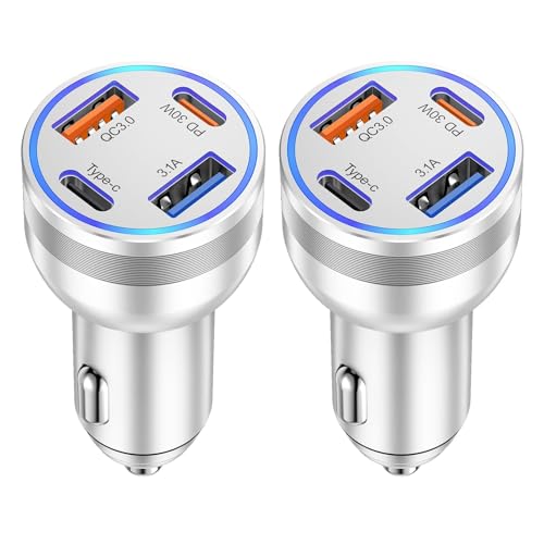 4-Port USB C Car Charger Fast Charging,2 Pack 65W Car Phone Charger Adapter - color: Silver, size: 2 Pack