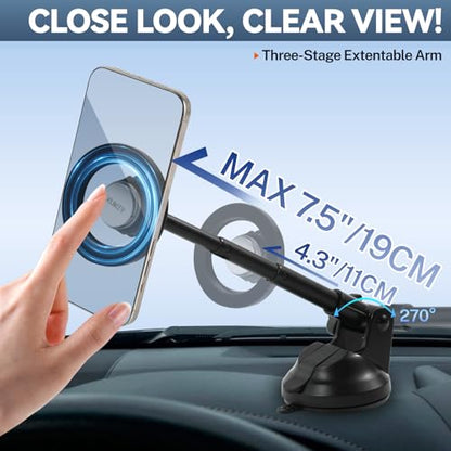 XUKEY Magnetic Car Phone Holder for Dashboard Windshield Vent Car Mount with Adjustable Telescopic Arm for Your Car Accessories Suction Cellphone Stand for iPhone 16 15 14 13 12 Pro Max Samsung