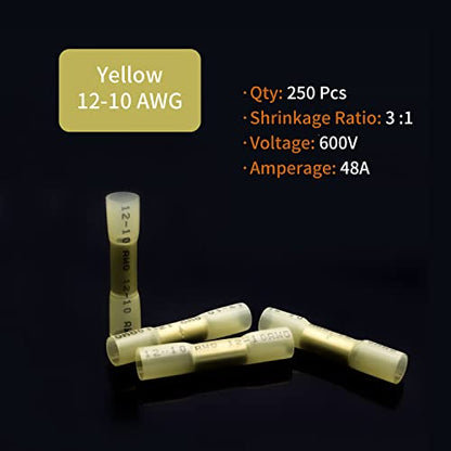 12-10 AWG Heat Shrink Butt Connectors, 250Pcs Yellow Waterproof Crimp Electrical Wire Connectors Splice Marine Automotive Cable Wiring Terminals - size: AWG 12-10 [250PCS]