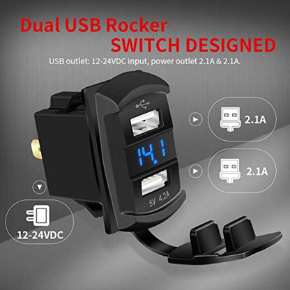 DaierTek Marine USB Rocker Switch 12V Dual Charger Ports 4.2A Waterproof Outlet Socket with Blue Led Digital Voltmeter for Rocker Switch Panel on Boat RV Car Vehicle - color: blue