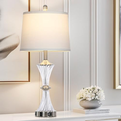 Rinweey Crystal Glass Table Lamp with USB C+A Ports & AC Outlet,White Clear Modern Bedroom Lamp,Silver Lamp for Living Room,Nightstand Lamp LED Bulbs Included,Single Silver - color: Silver-1P