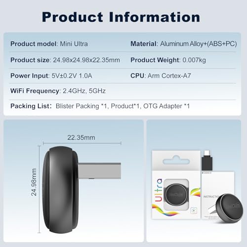 Carlinkit Mini Ultra 3 Wireless CarPlay & Android Auto Adapter, Convert Factory Wired to Wireless, USB-A/USB-C Fast Connection for iPhone & Android 11+, Plug & Play Dongle, OTA Upgrade