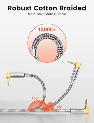 VANAUX 3.5mm Aux Cable for Car Audio 90 Degree Right Angle Heavy Duty Stereo Auxiliary Cord, 24K Gold-Plated Braided Aux Jack to Jack Wire for Smartphone,Speaker, MP3, Laptop, Headphones (6.6FT/2M)