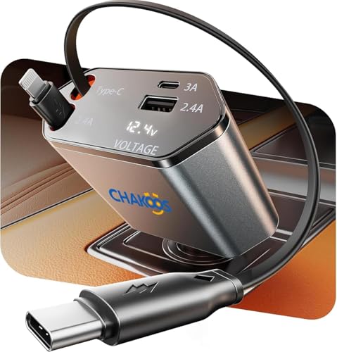 Retractable Car Charger, 4-in-1 Fast Charging USB C & USB A Port, 60W PD Car Phone Charger Adapter, Multi Cigarette Lighter Charger Cable for iPhone 17/14/13, Samsung Galaxy, Android Devices