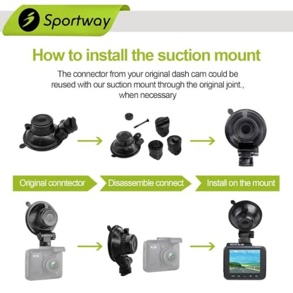 Sportway S503 Suction Cup Dash Cam Mount Holder (5th Gen) with 3pcs 360 Rotating Joints for Rove R2-4K, R2-4K PRO, R2-4K Dual Series, Nexar Z-Edge Kingslim iiwey NIUTA and Most Other Car Dash Camera