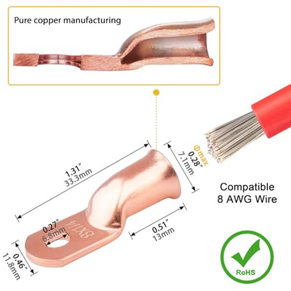 Sanuke 6pcs 8 AWG-1/4 Wire Connectors, Battery Copper Lugs Ring Terminals - color: Bare Copper, size: 8 Awg - 1/4" (M6)