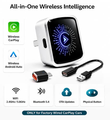 2-in-1 Wireless CarPlay & Android Auto Adapter, Aluminum Alloy, Plug & Play USB Car Adapter with Button for iPhone and Android, 5GHz WiFi Bluetooth Connection, Works with Factory Wired CarPlay Cars