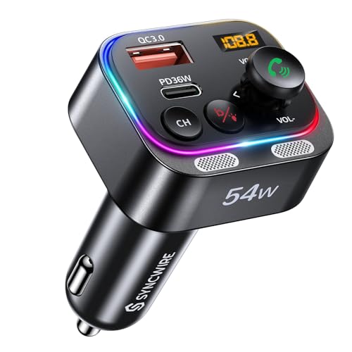 Syncwire Bluetooth 5.4 FM Transmitter Car Adapter 54W with Light Switch - color: Black