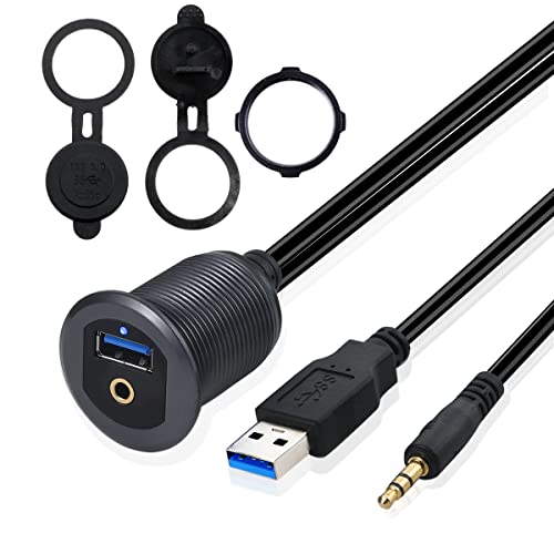 MysRuida USB 3.0 & 3.5mm TRS Mount with Light, 3.3ft USB 3.0 Male to Female & 3.5mm Male to Female Flush Panel Dashboard Mount Extension AUX Cable for Car Truck Boat Motorcycle, Metal Shell, Gray - style: USB 3.0+3.5mm Mount