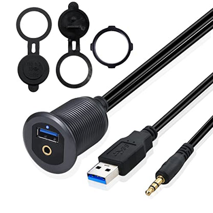 MysRuida USB 3.0 & 3.5mm TRS Mount with Light, 3.3ft USB 3.0 Male to Female & 3.5mm Male to Female Flush Panel Dashboard Mount Extension AUX Cable for Car Truck Boat Motorcycle, Metal Shell, Gray - style: USB 3.0+3.5mm Mount