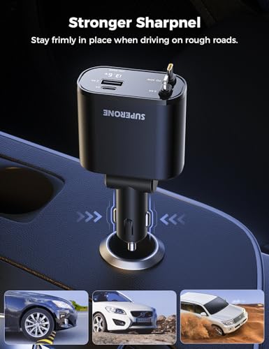 [Upgraded] SUPERONE Retractable Car Charger 4 in 1 Fast Phone Charger - color: Black