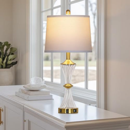 Rinweey Crystal Glass Table Lamp with USB C+A Ports & AC Outlet,Modern Bedroom Lamps,Gold Lamp for Night Stands Bedroom Living Room,Nightstand Lamp LED Bulbs Included,Single Gold - color: Gold-1P
