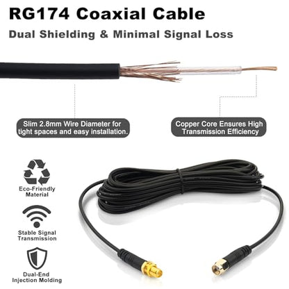 WiFi Antenna Extension Cable 2PCS 10ft/3M RP-SMA Male to RP-SMA Female – Upgraded Heavy-Duty Molded Connectors - RG174 Cable Bulkhead Mount for PC WiFi Router Security IP Camera - size: 9.84feet / 3m