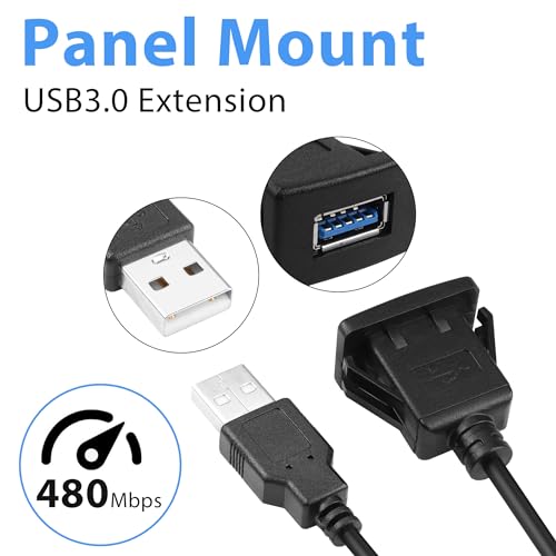 YACSEJAO USB Flush Mount Cable USB 3.0 Square Dash Mount Panel Extension Cable with Buckle for Car Motorcycle Boat, 1m
