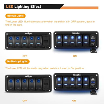 Nilight 5 Gang Rocker Switch Panel with 4.8 Amp Dual USB Charger Voltmeter - color: Blue, size: 6 Gang Dual USB