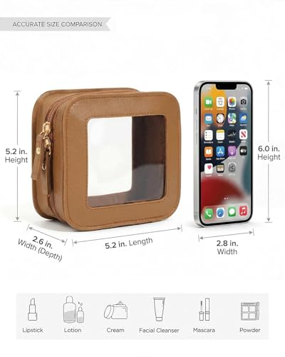 LETGO Clear Makeup Brush Bag Pouch, Waterproof PU Leather Portable Makeup Bag Holder with Transparent Window, Travel Lipstick Case Pouch Car Organizer and Storage, Square, Brown - color: Brown, style: Square