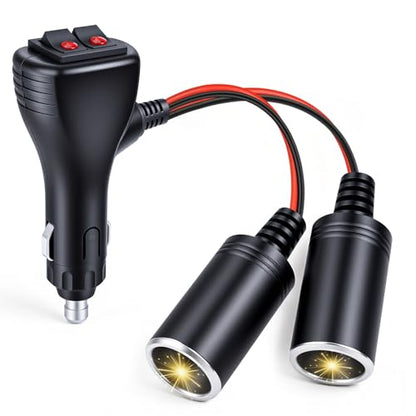 Cigarette Lighter Splitter, 12V Car Cigarette Lighter Splitter, 1 to 2 Double Cigarette Lighter Adapter 2 Way Socket with Dual Independent ON/OFF Switches, 16AWG Dual 12V Car Adapter with 10A Fuse