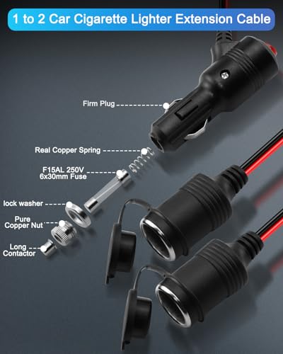 12V 24V Cigarette Lighter Splitter,1 to 2 Car Cigarette Lighter Cable, Dual Socket with ON/Off Switch, 18AWG 15A Power Extension Cable for Car Refrigerator, Tire Inflator Etc-15cm/5.9in