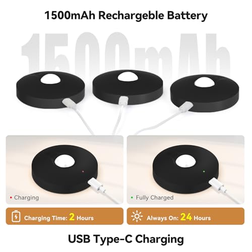 Rechargeable Puck Lights with Remote, 3 Pack Magnetic Under Cabinet Lighting, 1500mAh Battery Operated LED Tap Lights with Dimmer & Timmer for Kitchen, Closet, Shelf - 3 Color Temps & 12 RGB, Black - color: Black