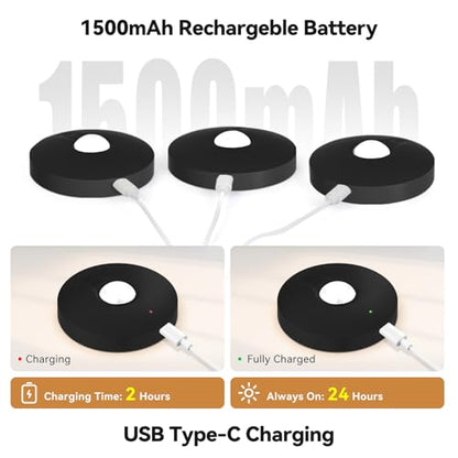 Rechargeable Puck Lights with Remote, 3 Pack Magnetic Under Cabinet Lighting, 1500mAh Battery Operated LED Tap Lights with Dimmer & Timmer for Kitchen, Closet, Shelf - 3 Color Temps & 12 RGB, Black - color: Black