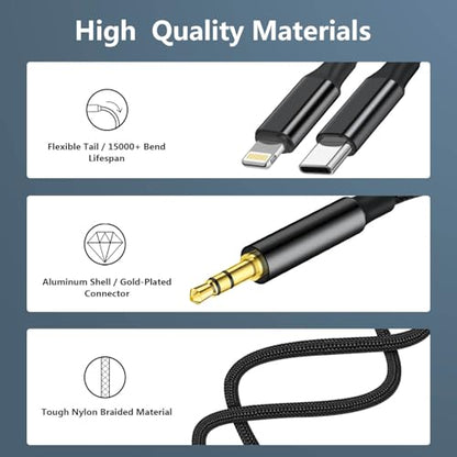 Aux Audio Cable for iPhone, 2 in 1 USB C to 3.5mm Aux Audio Lightning to 3.5mm Audio Cable Fit with iPhone 16 15 Plus/14/13/12/11/XR, Galaxy S24/S23/S22, Pixel 8/7/6/5, iPad to Car Stereo Speaker 4FT - color: Black