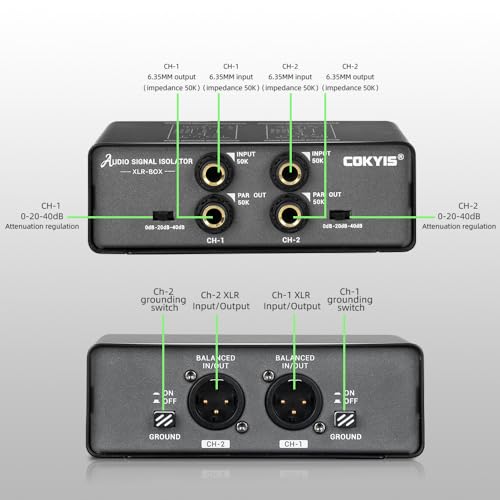XLR-BOX Dual Channel Audio Noise Isolator/Buzz Canceller Does Not Affect Bass，Aluminum Housing Grounding Loop Noise RCA Isolator, Suitable for HiFi Stereo Home Theater Car Audio Players RCA/XLR/6.35