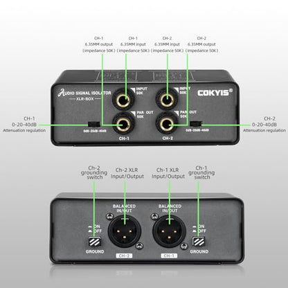 XLR-BOX Dual Channel Audio Noise Isolator/Buzz Canceller Does Not Affect Bass，Aluminum Housing Grounding Loop Noise RCA Isolator, Suitable for HiFi Stereo Home Theater Car Audio Players RCA/XLR/6.35