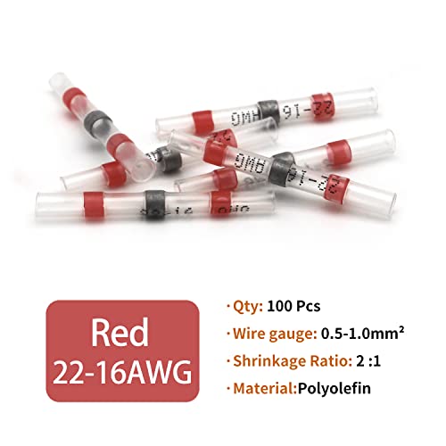 100 Pcs Solder Seal Wire Connectors, 22-16 AWG Heat Shrink Solder Connectors, Waterproof Splice Electrical Wire Connector, Butt Terminal - size: Red (AWG 22-18)