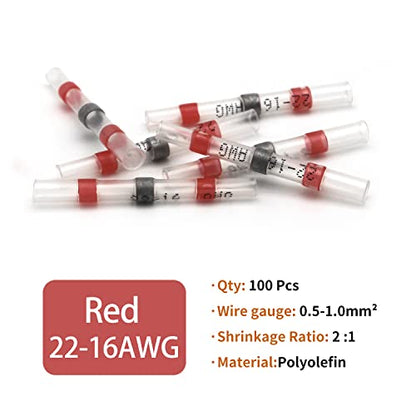 100 Pcs Solder Seal Wire Connectors, 22-16 AWG Heat Shrink Solder Connectors, Waterproof Splice Electrical Wire Connector, Butt Terminal - size: Red (AWG 22-18)