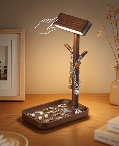 Rechargeable Table Lamp, Unique Wooden Bedside Lamp with Tray - color: Black Walnut