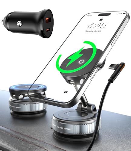 CloudValley 15W Fast Wireless Charger Car Phone Mount Charger with Type-C Fast Car Charger, Vacuum Suction Cup Magnetic Phone Holder Design for MagSafe iPhone 17 Pro Max 16-12 Series,Pixel 10 Pro XL - style: Charger Mount With Adapter
