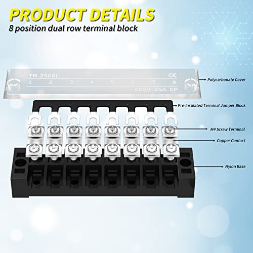 Joinfworld Terminal Block 25A 600V Dual Row Screw Terminal Strip with Cover, 8 Position Pre-Insulated Wire Terminal Block with Jumpers - 4 Pack - style: 25A 8P